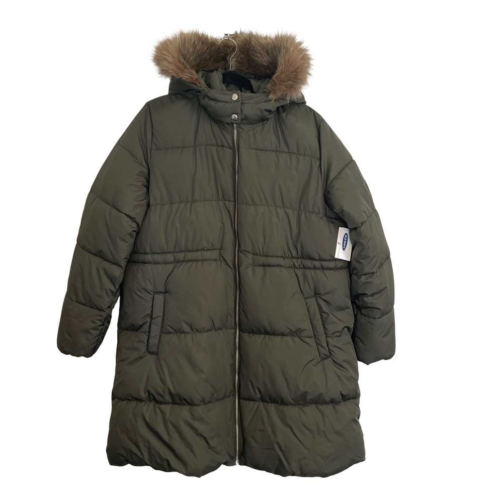 Old Navy Maternity Puffer Coat Olive Green Faux Fur Trim Hood Large NWT